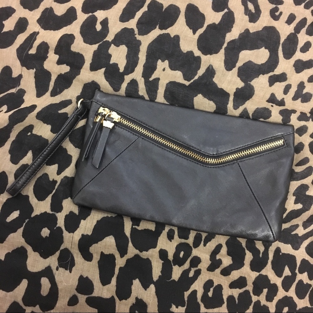 Henri Bendel Black Leather Zipper Clutch/Wristlet